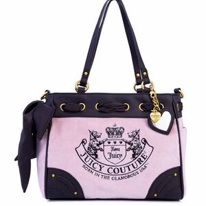 NWOT Juicy Couture Y2K Velour Tote Bag Pink Black Scottie Crest Bow Heart Charm